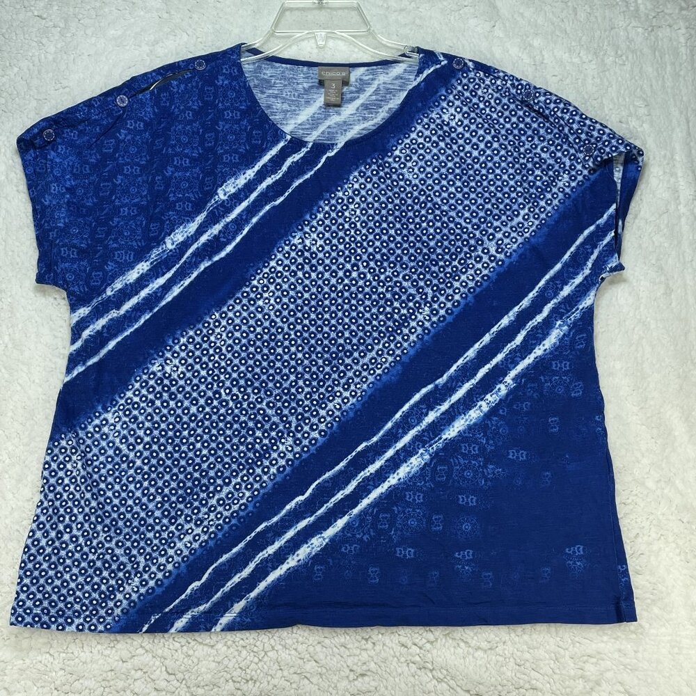 Chicos Tunic Top Womens Sz XL Blue White Striped Blouse Sleeveless Tie-Dye Boho